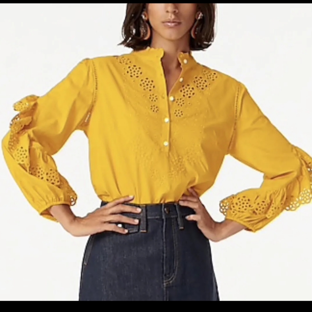 J.Crew Mustard Yellow Ruffle sleeve top embroidered eyelet shirt